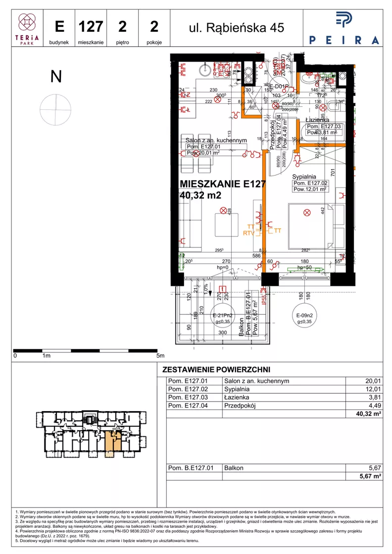 2 pokoje, mieszkanie 40,32 m², piętro 2, oferta nr E127, Teria Park, Łódź, Polesie, Złotno, ul. Rąbieńska 45