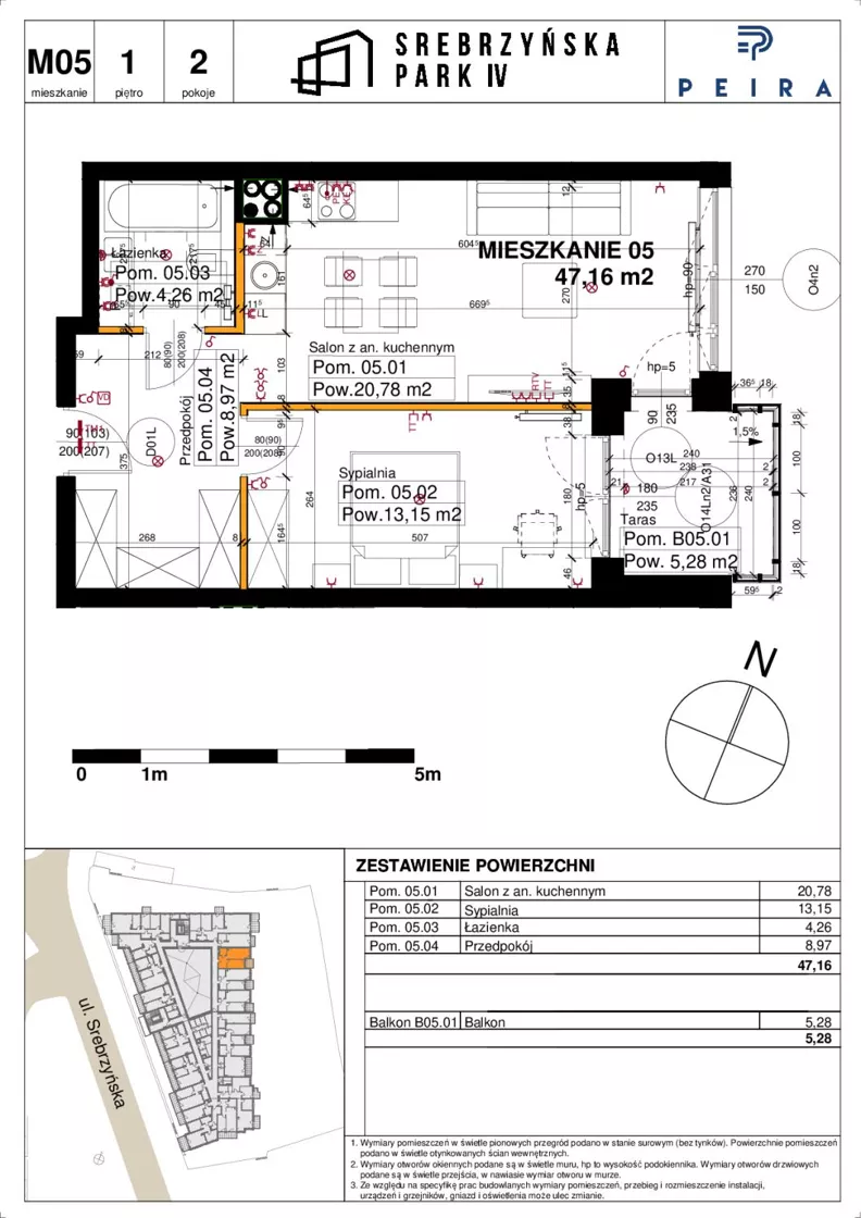 2 pokoje, mieszkanie 47,16 m², piętro 1, oferta nr M05, Srebrzyńska Park IV, Łódź, Polesie, ul. Srebrzyńska 109