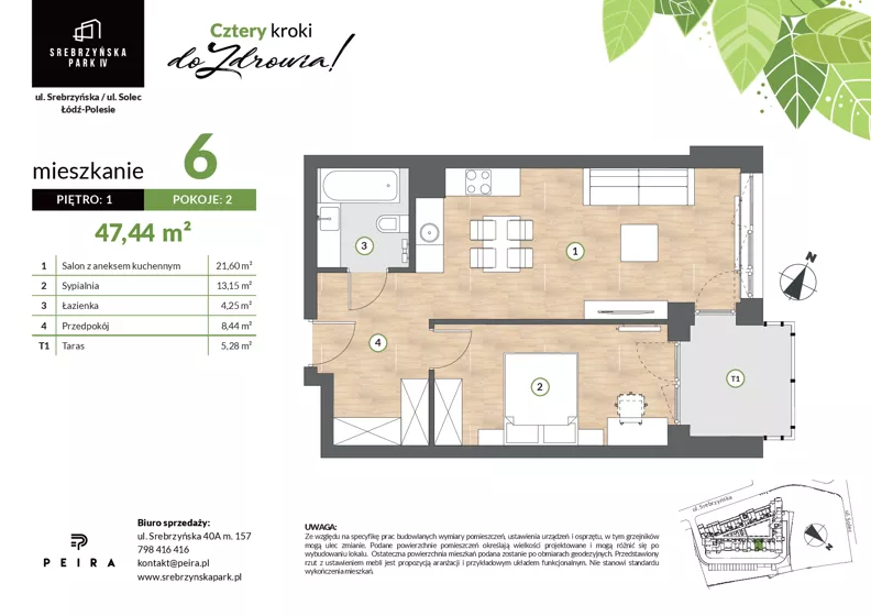 2 pokoje, mieszkanie 47,44 m², piętro 1, oferta nr M06, Srebrzyńska Park IV, Łódź, Polesie, ul. Srebrzyńska 109