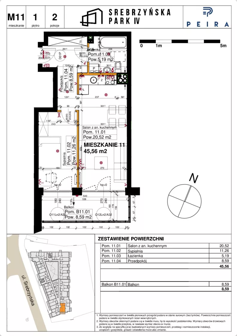 2 pokoje, mieszkanie 45,56 m², piętro 1, oferta nr M11, Srebrzyńska Park IV, Łódź, Polesie, ul. Srebrzyńska 109