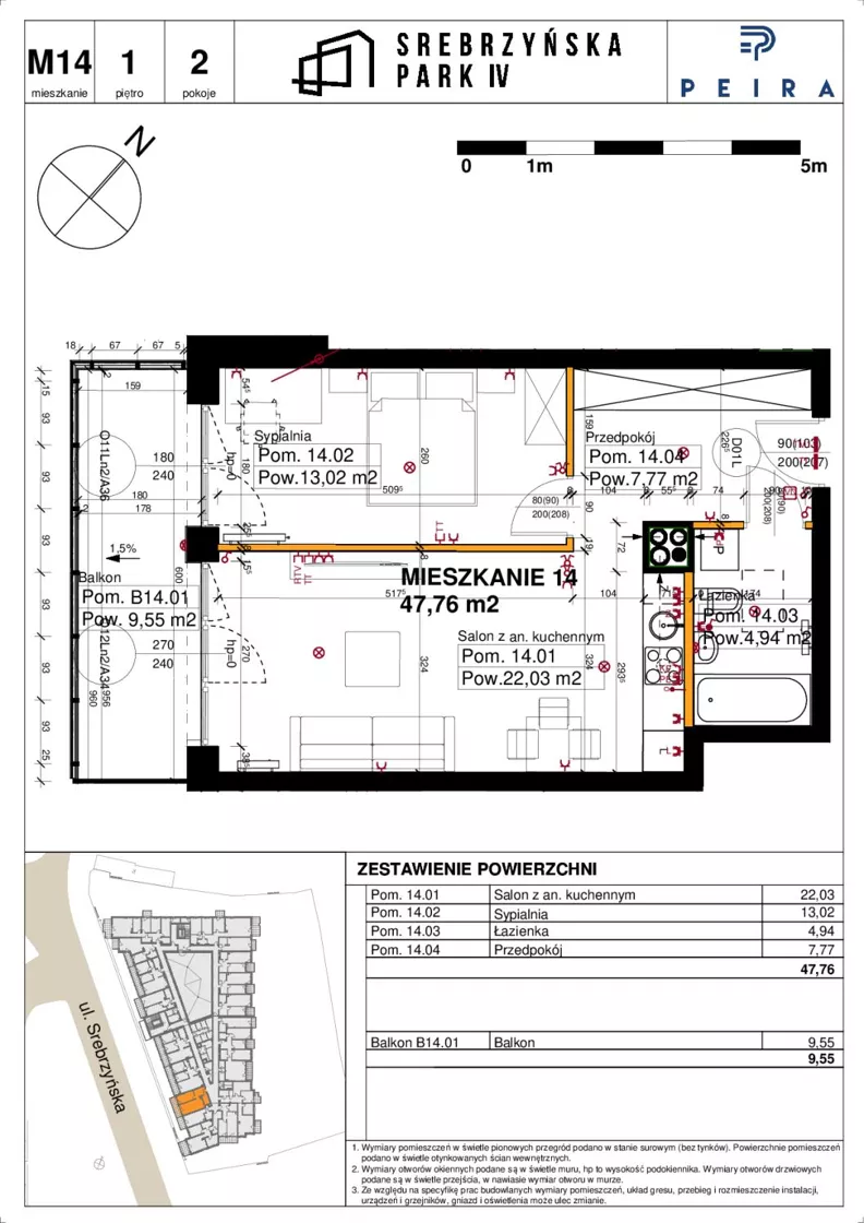 2 pokoje, mieszkanie 47,76 m², piętro 1, oferta nr M14, Srebrzyńska Park IV, Łódź, Polesie, ul. Srebrzyńska 109