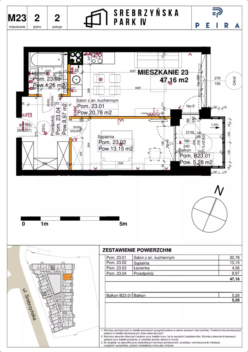 2 pokoje, mieszkanie 47,16 m², piętro 2, oferta nr M23, Srebrzyńska Park IV, Łódź, Polesie, ul. Srebrzyńska 109