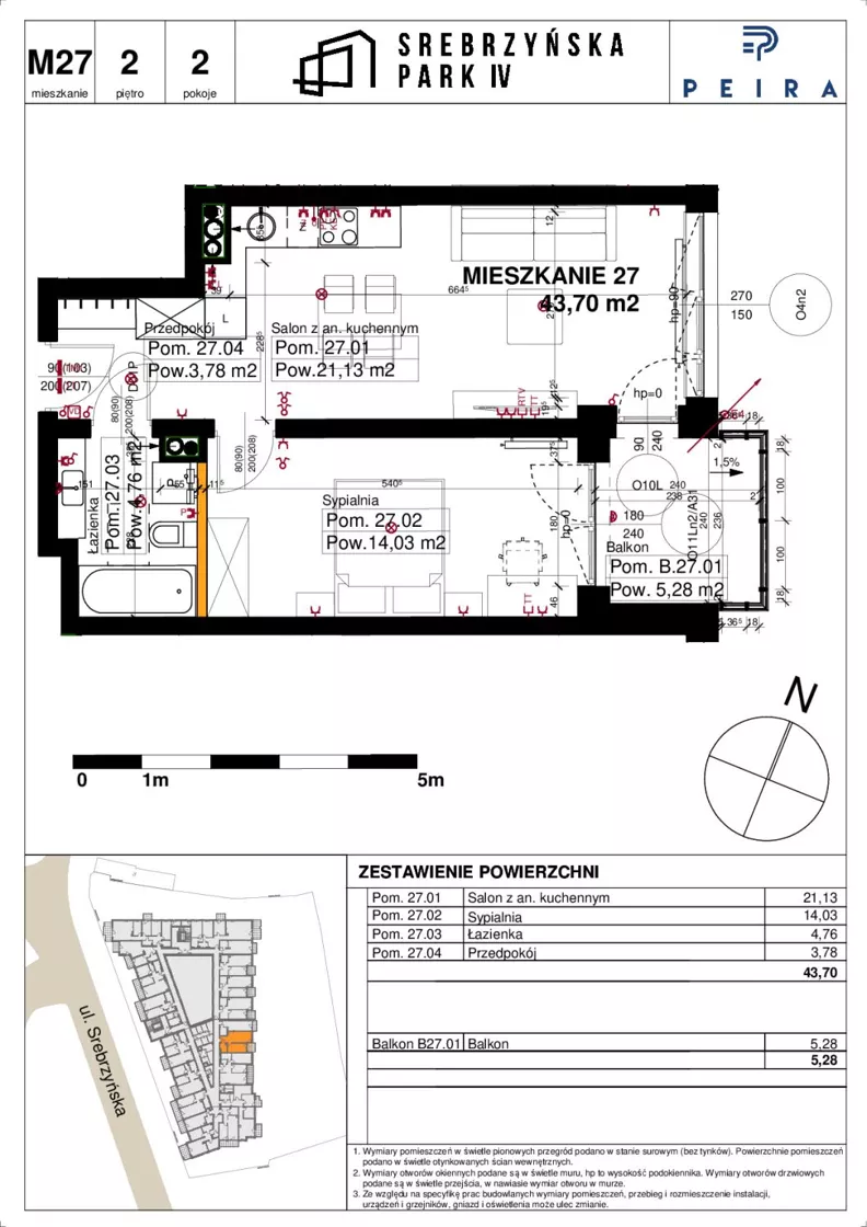 2 pokoje, mieszkanie 43,70 m², piętro 2, oferta nr M27, Srebrzyńska Park IV, Łódź, Polesie, ul. Srebrzyńska 109