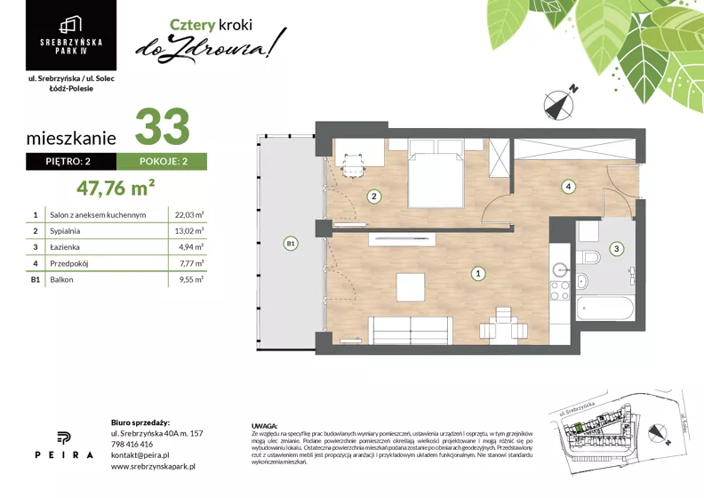 2 pokoje, mieszkanie 47,76 m², piętro 2, oferta nr M33, Srebrzyńska Park IV, Łódź, Polesie, ul. Srebrzyńska 109