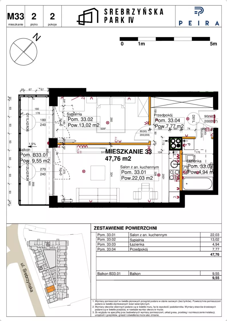2 pokoje, mieszkanie 47,76 m², piętro 2, oferta nr M33, Srebrzyńska Park IV, Łódź, Polesie, ul. Srebrzyńska 109