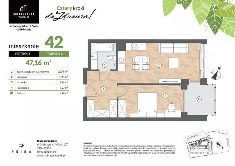 2 pokoje, mieszkanie 47,16 m², piętro 3, oferta nr M42, Srebrzyńska Park IV, Łódź, Polesie, ul. Srebrzyńska 109