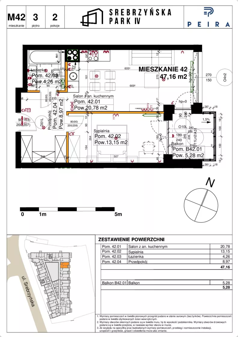 2 pokoje, mieszkanie 47,16 m², piętro 3, oferta nr M42, Srebrzyńska Park IV, Łódź, Polesie, ul. Srebrzyńska 109