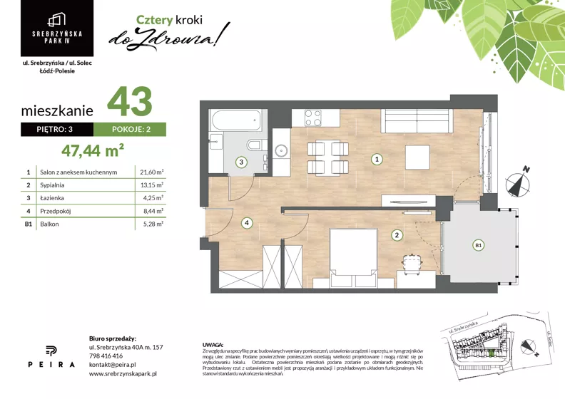 2 pokoje, mieszkanie 47,44 m², piętro 3, oferta nr M43, Srebrzyńska Park IV, Łódź, Polesie, ul. Srebrzyńska 109