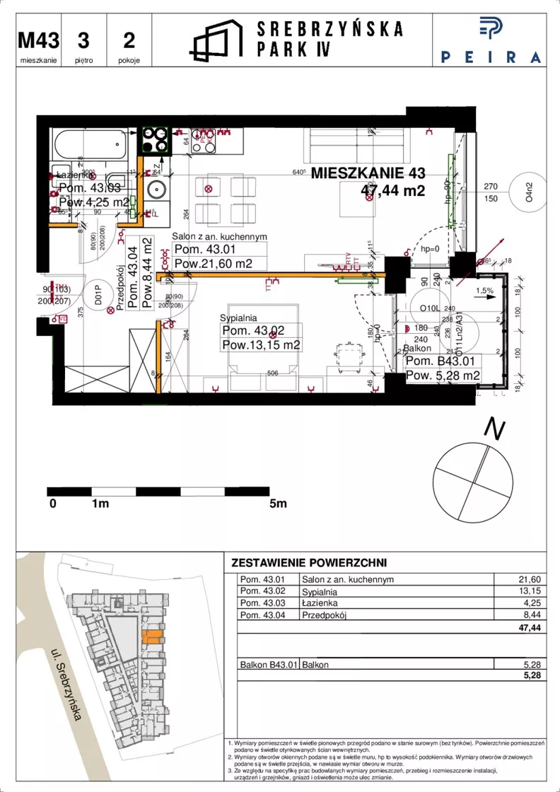2 pokoje, mieszkanie 47,44 m², piętro 3, oferta nr M43, Srebrzyńska Park IV, Łódź, Polesie, ul. Srebrzyńska 109