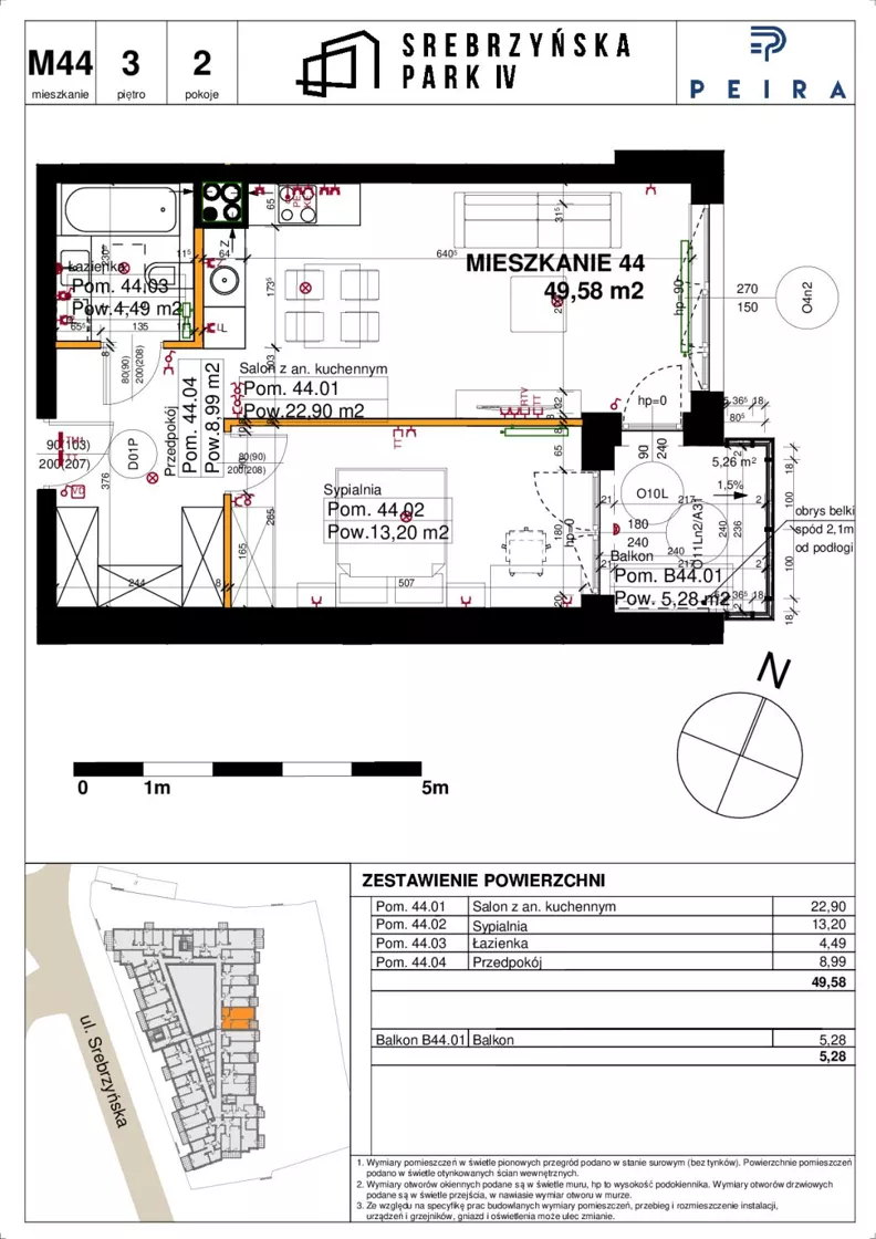 2 pokoje, mieszkanie 49,58 m², piętro 3, oferta nr M44, Srebrzyńska Park IV, Łódź, Polesie, ul. Srebrzyńska 109