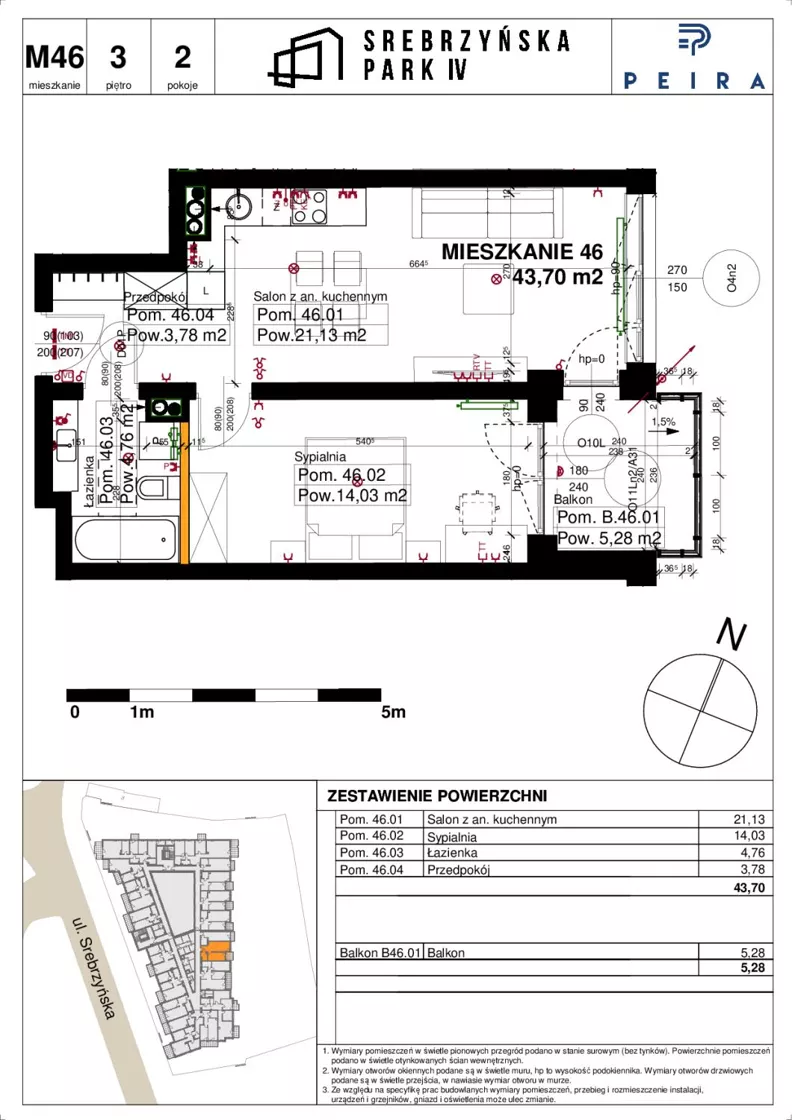 2 pokoje, mieszkanie 43,70 m², piętro 3, oferta nr M46, Srebrzyńska Park IV, Łódź, Polesie, ul. Srebrzyńska 109