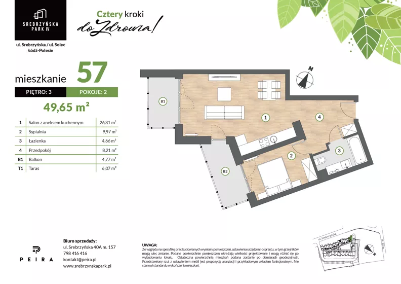 2 pokoje, mieszkanie 49,65 m², piętro 3, oferta nr M57, Srebrzyńska Park IV, Łódź, Polesie, ul. Srebrzyńska 109