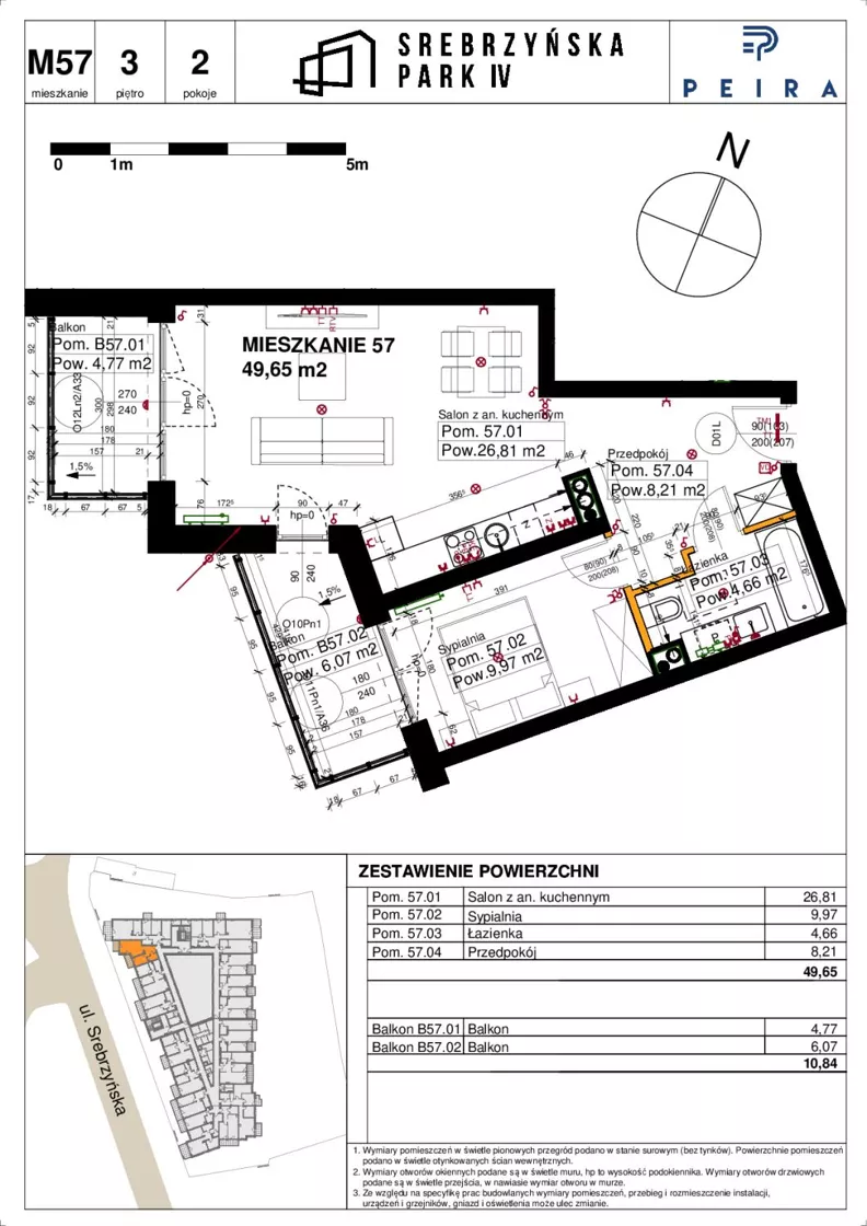 2 pokoje, mieszkanie 49,65 m², piętro 3, oferta nr M57, Srebrzyńska Park IV, Łódź, Polesie, ul. Srebrzyńska 109