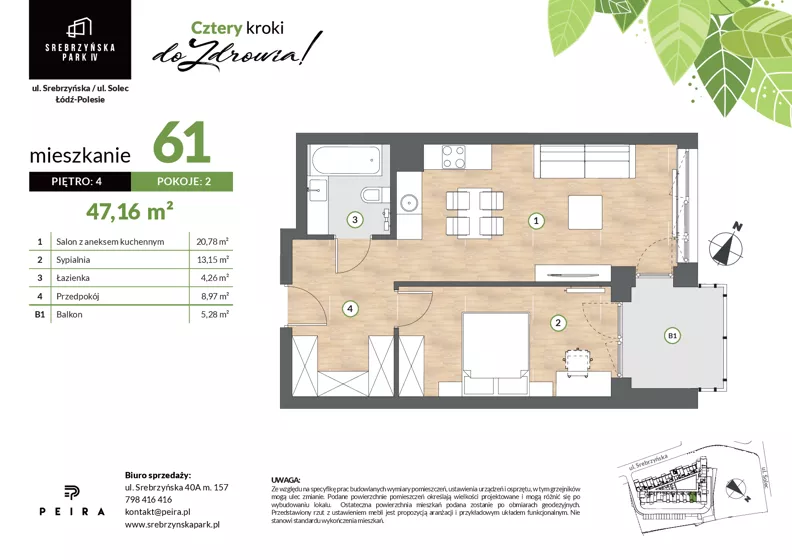 2 pokoje, mieszkanie 47,16 m², piętro 4, oferta nr M61, Srebrzyńska Park IV, Łódź, Polesie, ul. Srebrzyńska 109