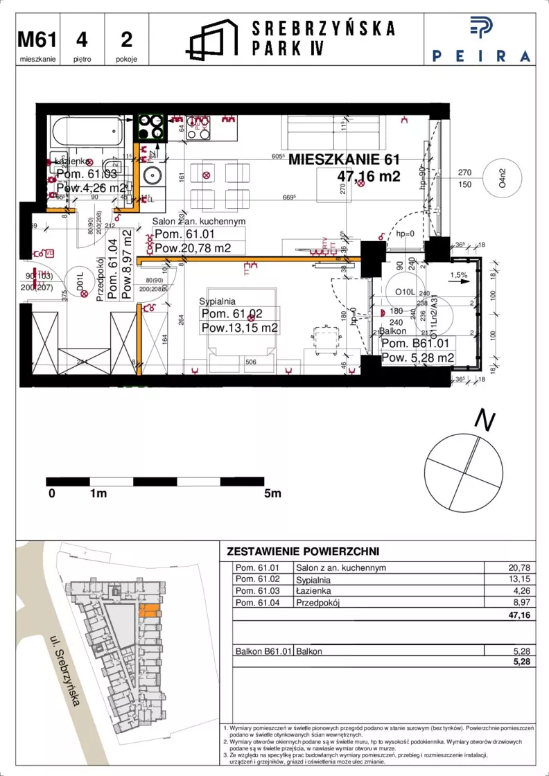 2 pokoje, mieszkanie 47,16 m², piętro 4, oferta nr M61, Srebrzyńska Park IV, Łódź, Polesie, ul. Srebrzyńska 109