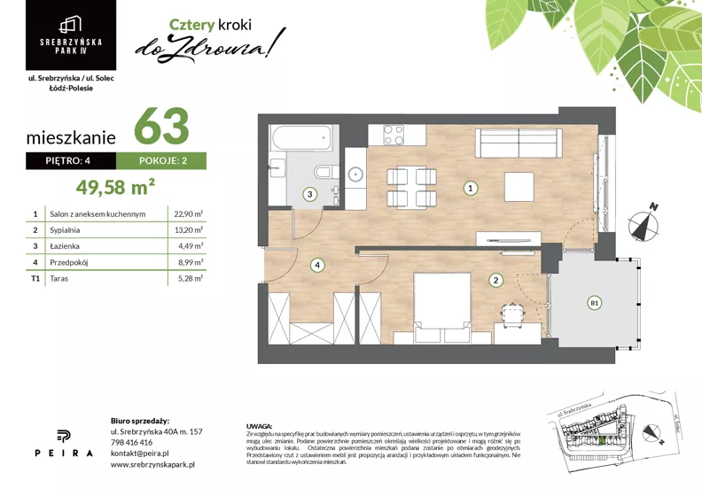 2 pokoje, mieszkanie 49,58 m², piętro 4, oferta nr M63, Srebrzyńska Park IV, Łódź, Polesie, ul. Srebrzyńska 109
