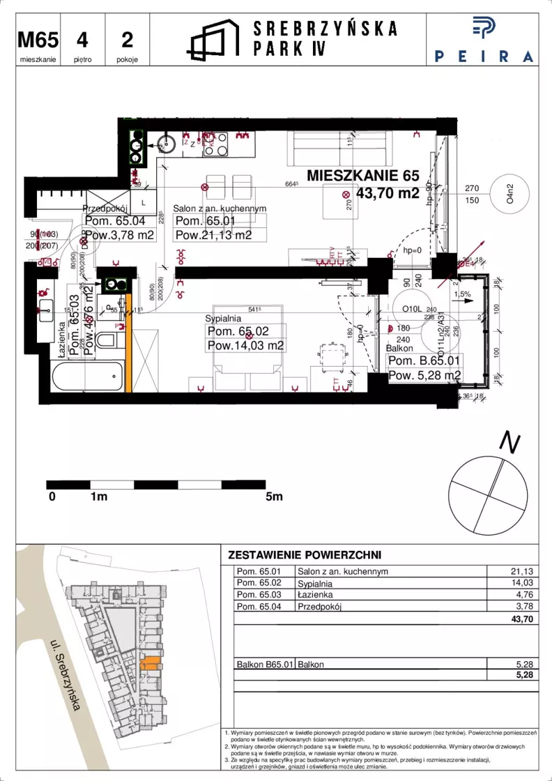 2 pokoje, mieszkanie 43,70 m², piętro 4, oferta nr M65, Srebrzyńska Park IV, Łódź, Polesie, ul. Srebrzyńska 109