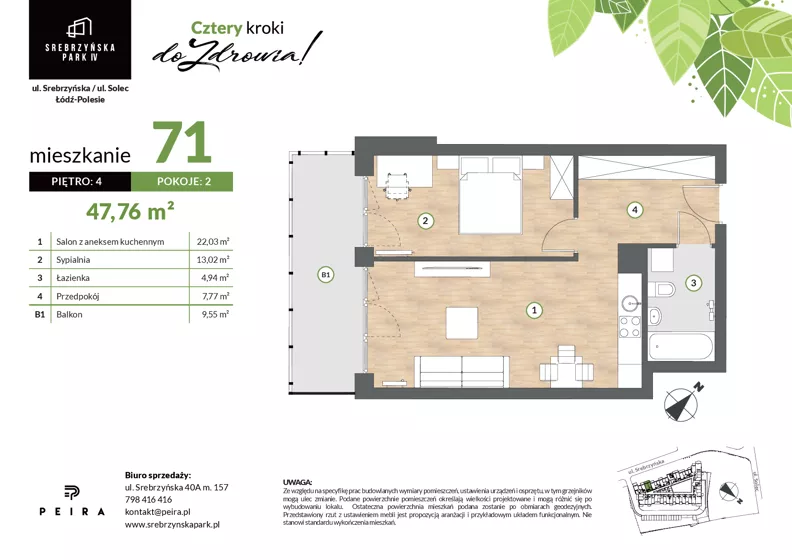 2 pokoje, mieszkanie 47,76 m², piętro 4, oferta nr M71, Srebrzyńska Park IV, Łódź, Polesie, ul. Srebrzyńska 109