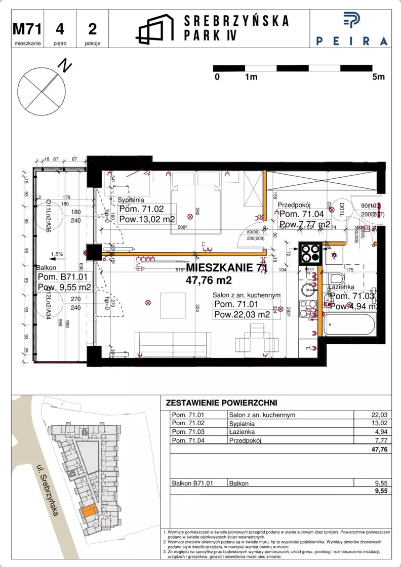 2 pokoje, mieszkanie 47,76 m², piętro 4, oferta nr M71, Srebrzyńska Park IV, Łódź, Polesie, ul. Srebrzyńska 109