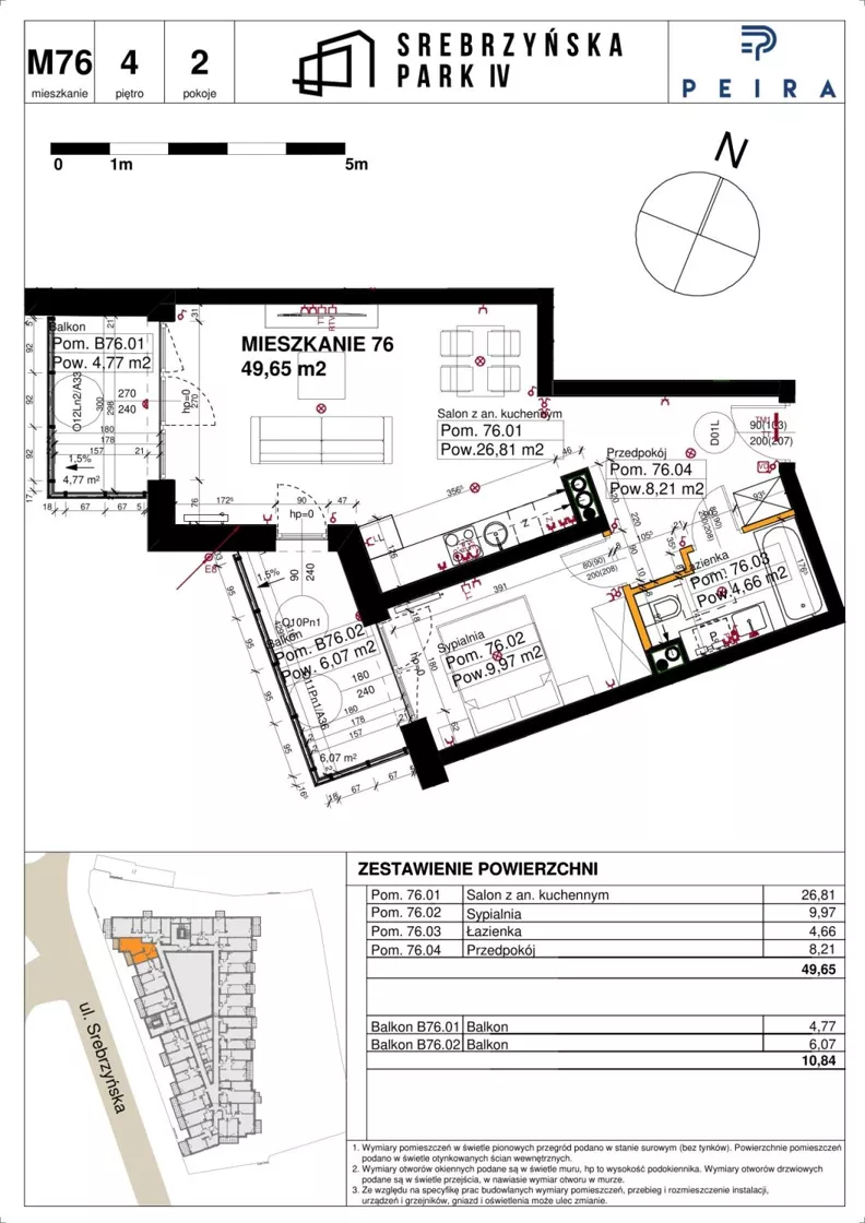 2 pokoje, mieszkanie 49,65 m², piętro 4, oferta nr M76, Srebrzyńska Park IV, Łódź, Polesie, ul. Srebrzyńska 109