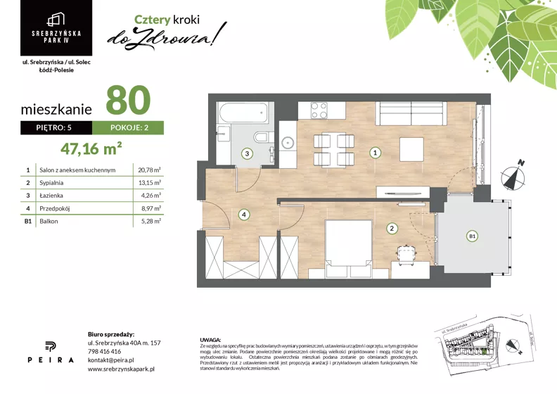 2 pokoje, mieszkanie 47,16 m², piętro 5, oferta nr M80, Srebrzyńska Park IV, Łódź, Polesie, ul. Srebrzyńska 109