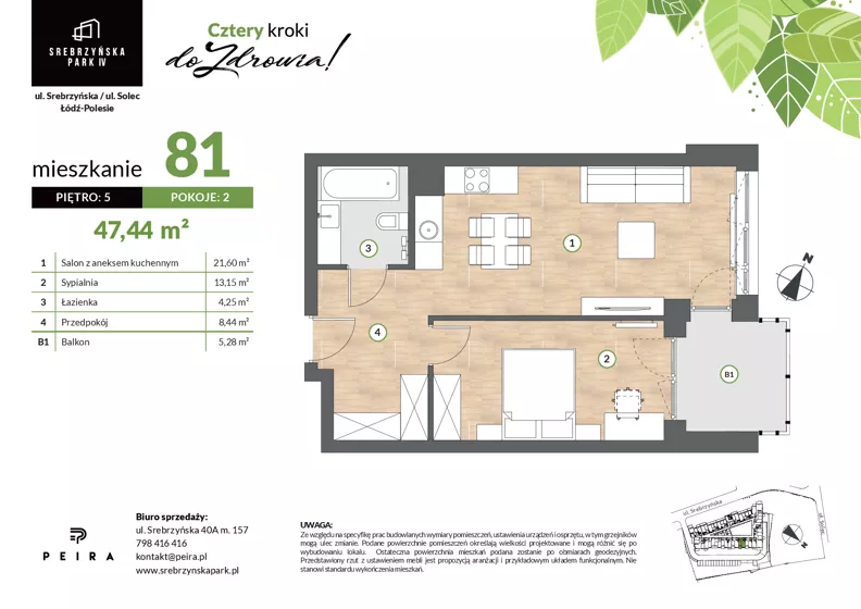 2 pokoje, mieszkanie 47,44 m², piętro 5, oferta nr M81, Srebrzyńska Park IV, Łódź, Polesie, ul. Srebrzyńska 109