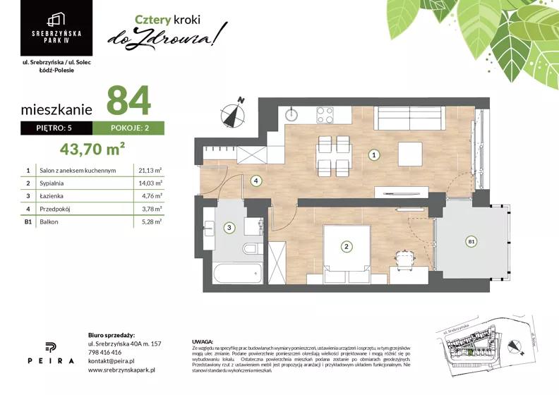 2 pokoje, mieszkanie 43,70 m², piętro 5, oferta nr M84, Srebrzyńska Park IV, Łódź, Polesie, ul. Srebrzyńska 109
