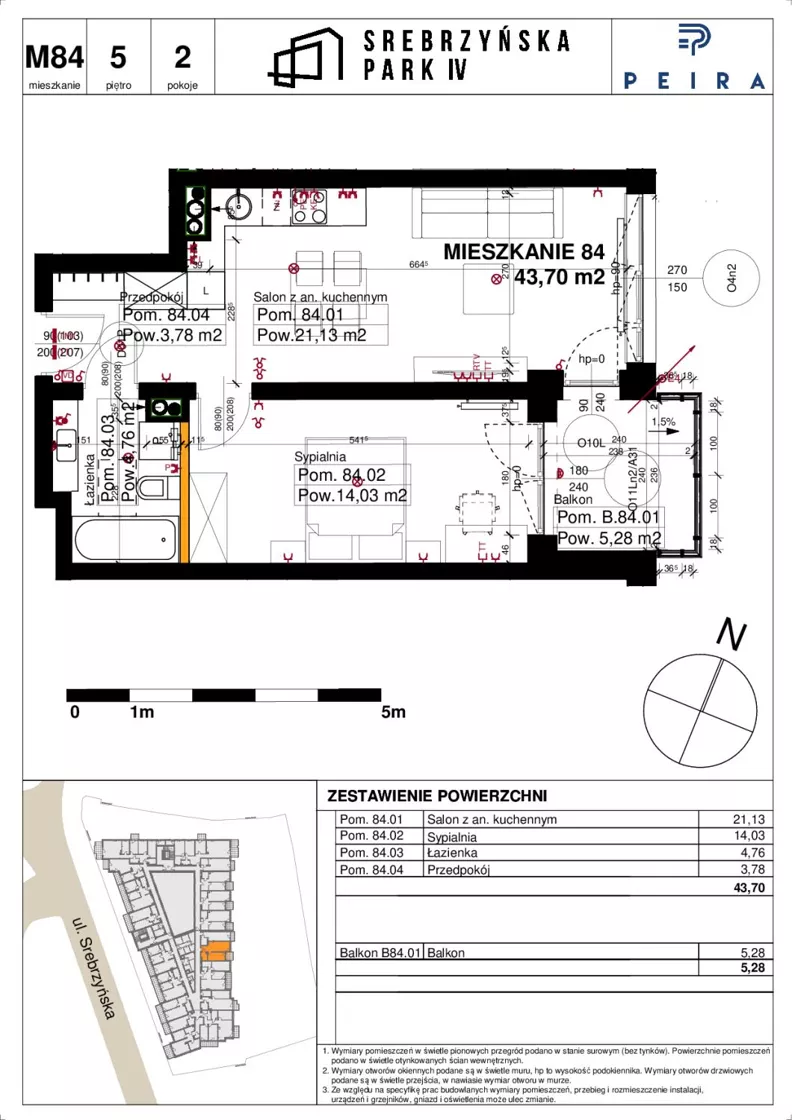 2 pokoje, mieszkanie 43,70 m², piętro 5, oferta nr M84, Srebrzyńska Park IV, Łódź, Polesie, ul. Srebrzyńska 109