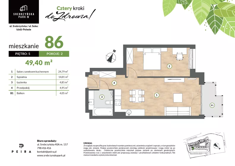 2 pokoje, mieszkanie 49,40 m², piętro 5, oferta nr M86, Srebrzyńska Park IV, Łódź, Polesie, ul. Srebrzyńska 109