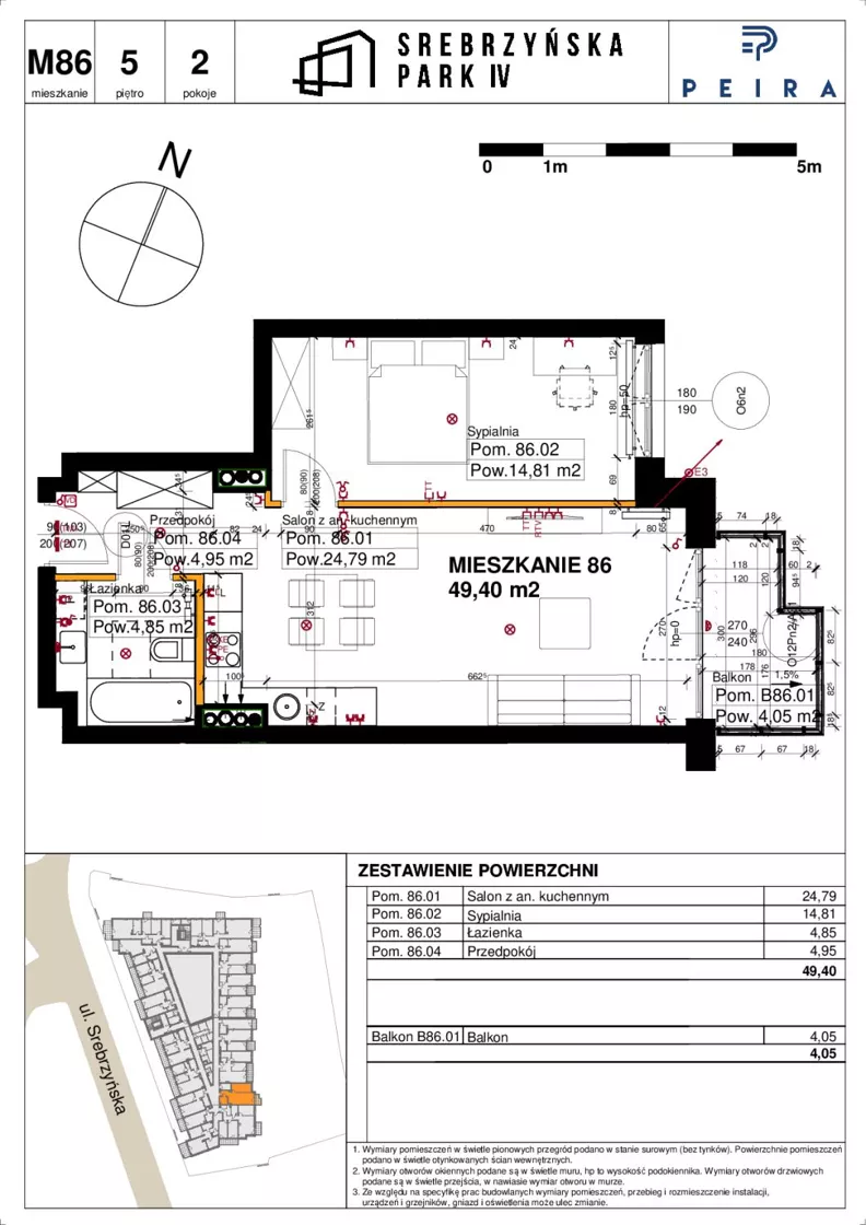 2 pokoje, mieszkanie 49,40 m², piętro 5, oferta nr M86, Srebrzyńska Park IV, Łódź, Polesie, ul. Srebrzyńska 109