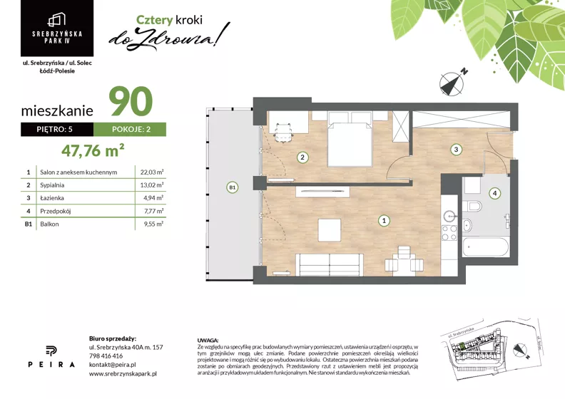 2 pokoje, mieszkanie 47,76 m², piętro 5, oferta nr M90, Srebrzyńska Park IV, Łódź, Polesie, ul. Srebrzyńska 109