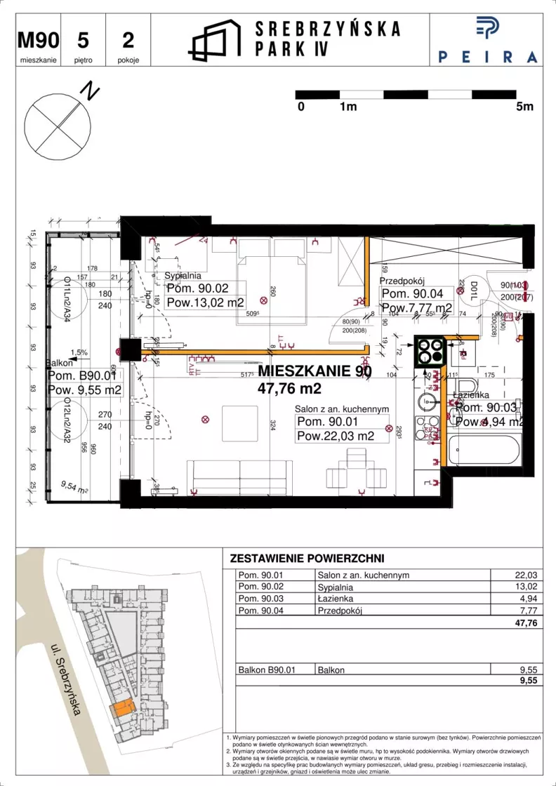 2 pokoje, mieszkanie 47,76 m², piętro 5, oferta nr M90, Srebrzyńska Park IV, Łódź, Polesie, ul. Srebrzyńska 109