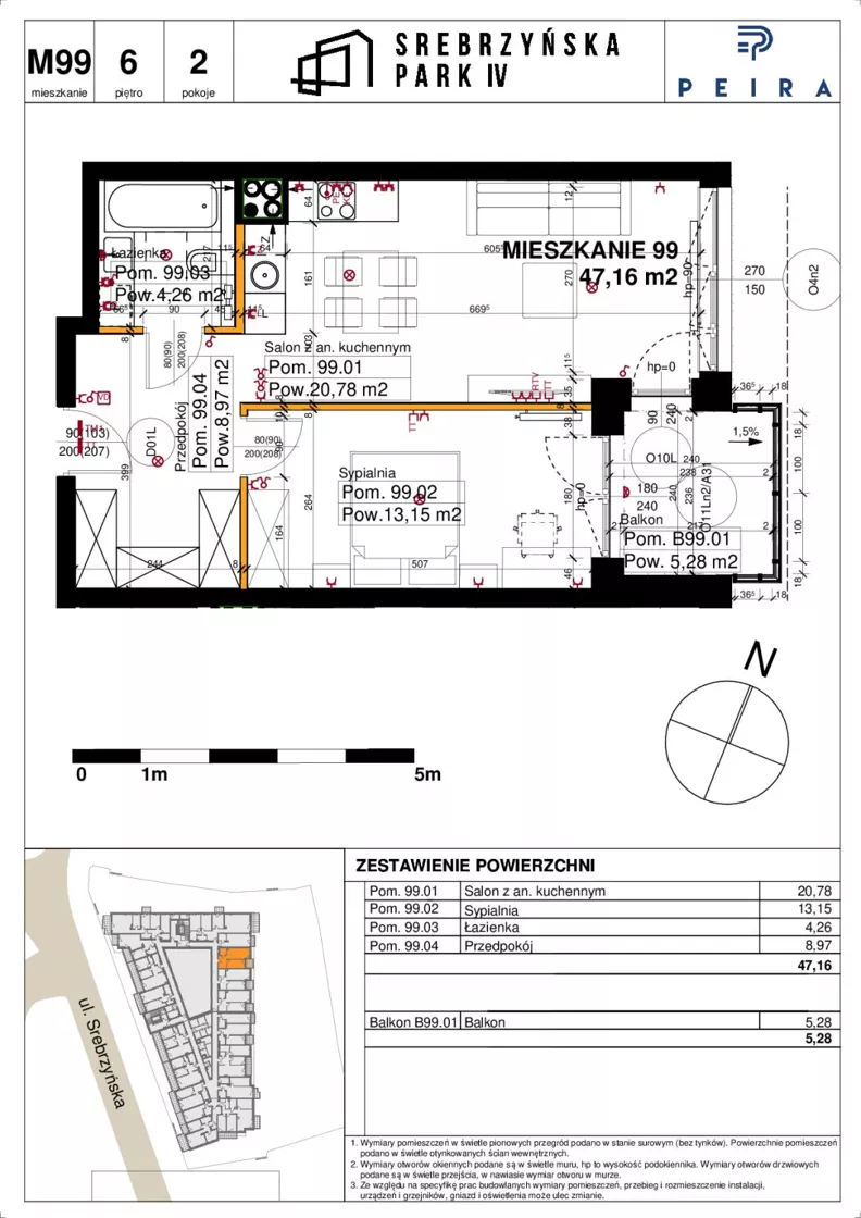 2 pokoje, mieszkanie 47,16 m², piętro 6, oferta nr M99, Srebrzyńska Park IV, Łódź, Polesie, ul. Srebrzyńska 109
