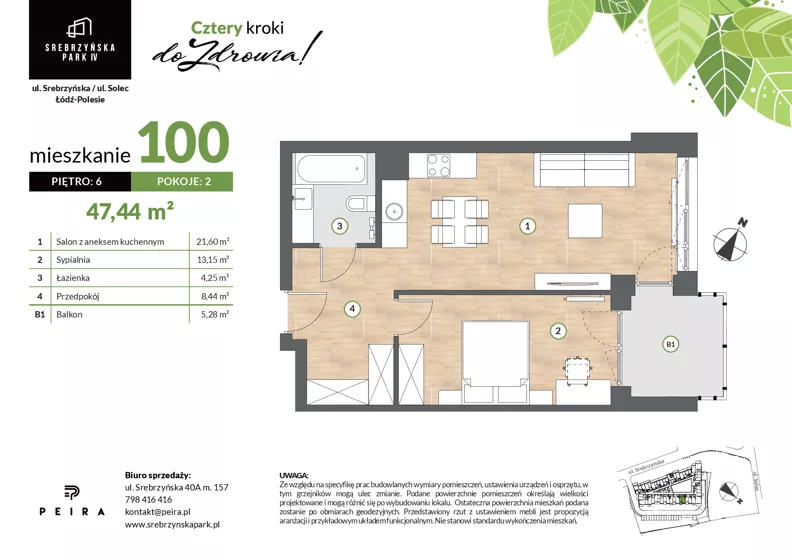 2 pokoje, mieszkanie 47,44 m², piętro 6, oferta nr M100, Srebrzyńska Park IV, Łódź, Polesie, ul. Srebrzyńska 109