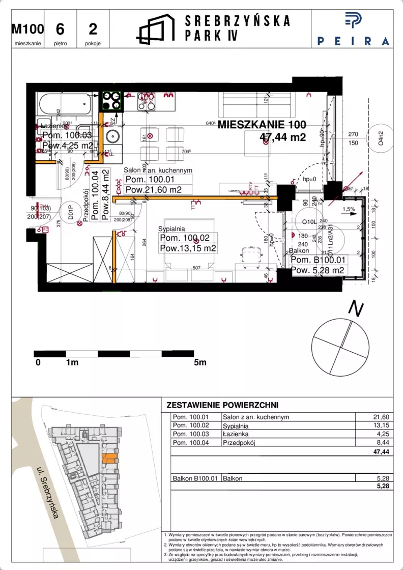 2 pokoje, mieszkanie 47,44 m², piętro 6, oferta nr M100, Srebrzyńska Park IV, Łódź, Polesie, ul. Srebrzyńska 109