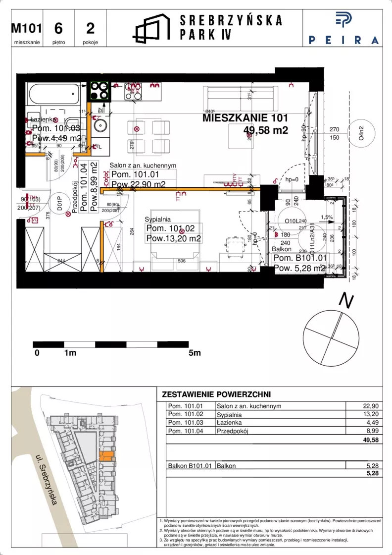 2 pokoje, mieszkanie 49,58 m², piętro 6, oferta nr M101, Srebrzyńska Park IV, Łódź, Polesie, ul. Srebrzyńska 109