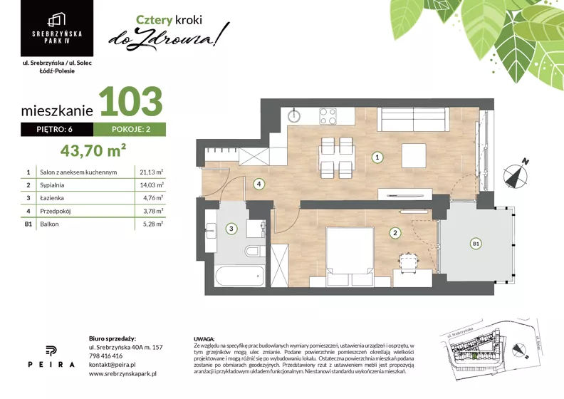 2 pokoje, mieszkanie 43,70 m², piętro 6, oferta nr M103, Srebrzyńska Park IV, Łódź, Polesie, ul. Srebrzyńska 109