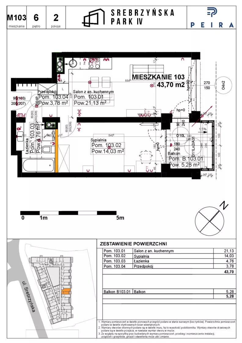 2 pokoje, mieszkanie 43,70 m², piętro 6, oferta nr M103, Srebrzyńska Park IV, Łódź, Polesie, ul. Srebrzyńska 109