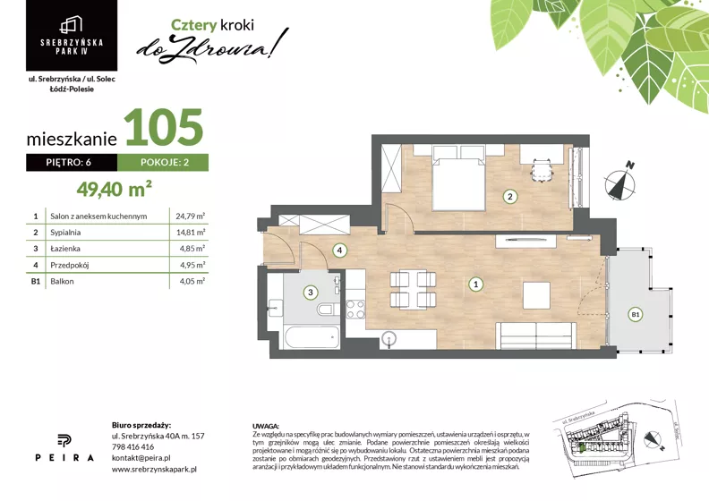 2 pokoje, mieszkanie 49,40 m², piętro 6, oferta nr M105, Srebrzyńska Park IV, Łódź, Polesie, ul. Srebrzyńska 109