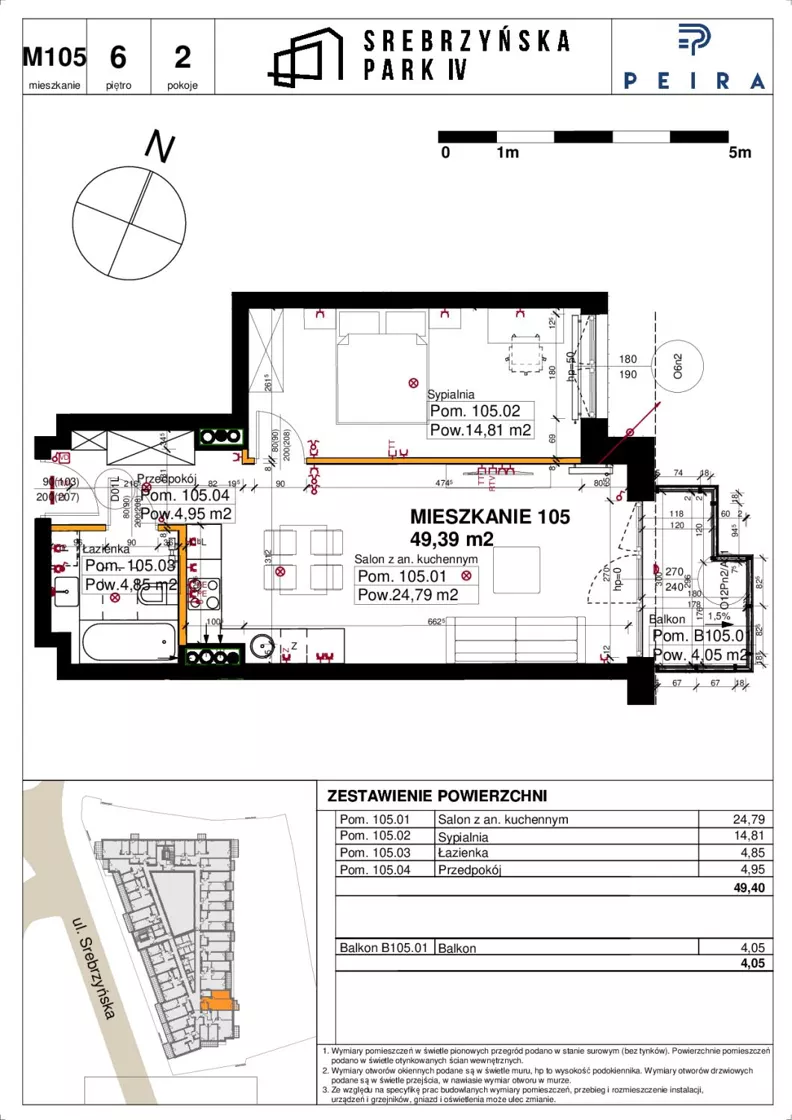 2 pokoje, mieszkanie 49,40 m², piętro 6, oferta nr M105, Srebrzyńska Park IV, Łódź, Polesie, ul. Srebrzyńska 109