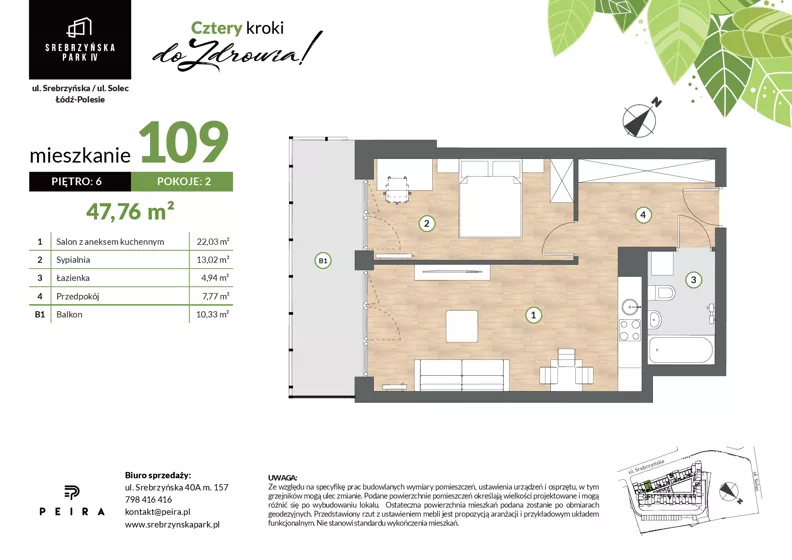 2 pokoje, mieszkanie 47,76 m², piętro 6, oferta nr M109, Srebrzyńska Park IV, Łódź, Polesie, ul. Srebrzyńska 109