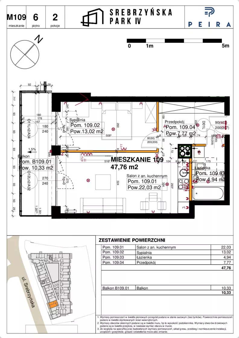 2 pokoje, mieszkanie 47,76 m², piętro 6, oferta nr M109, Srebrzyńska Park IV, Łódź, Polesie, ul. Srebrzyńska 109