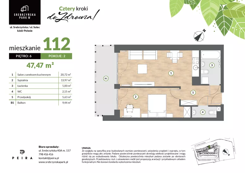 2 pokoje, mieszkanie 47,47 m², piętro 6, oferta nr M112, Srebrzyńska Park IV, Łódź, Polesie, ul. Srebrzyńska 109