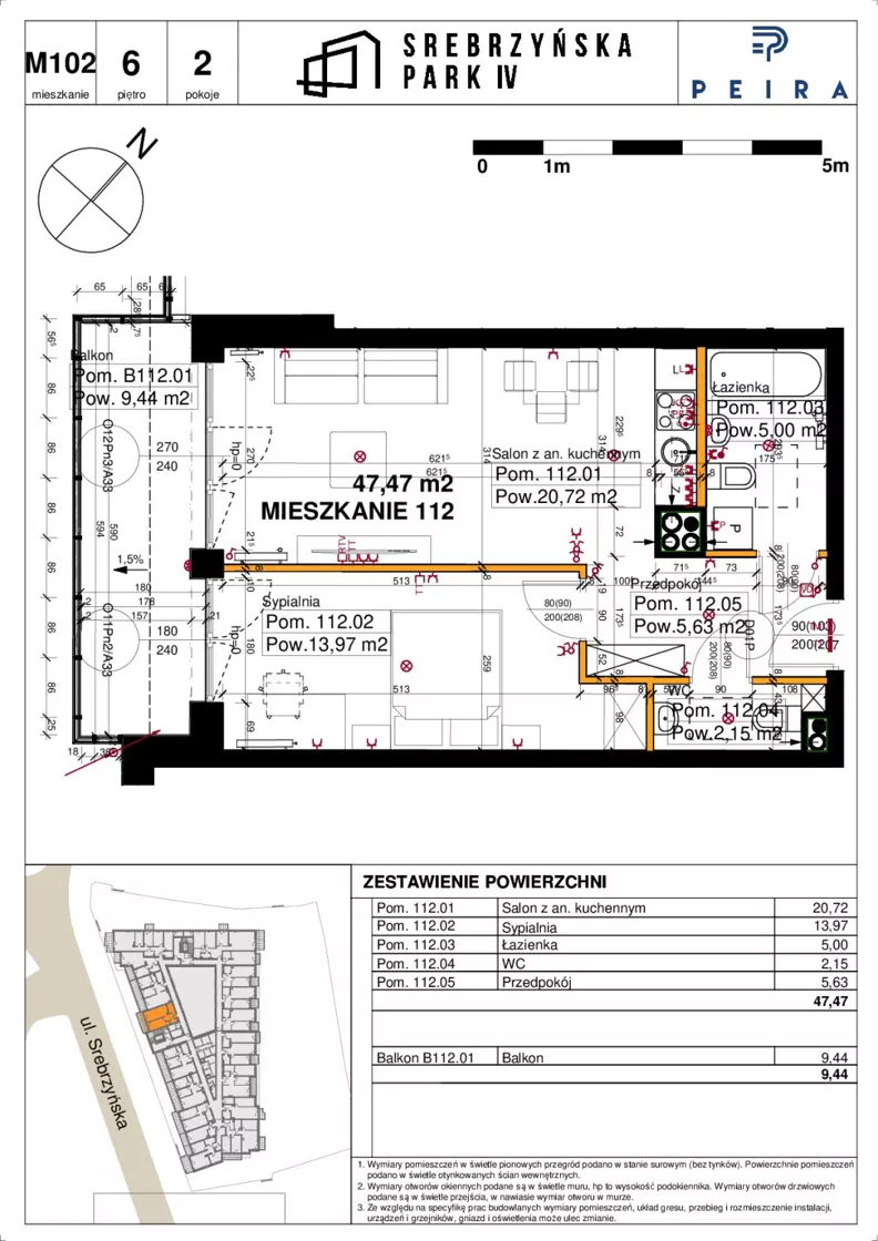 2 pokoje, mieszkanie 47,47 m², piętro 6, oferta nr M112, Srebrzyńska Park IV, Łódź, Polesie, ul. Srebrzyńska 109