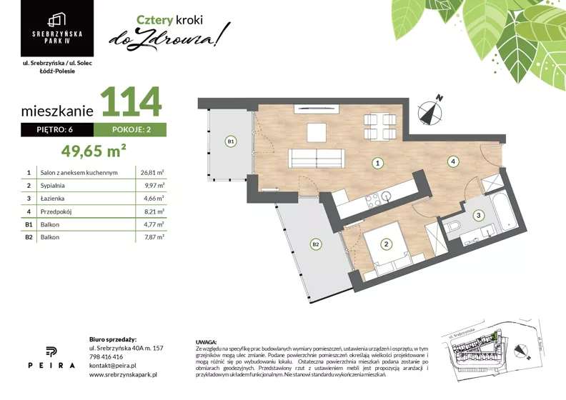 2 pokoje, mieszkanie 49,65 m², piętro 6, oferta nr M114, Srebrzyńska Park IV, Łódź, Polesie, ul. Srebrzyńska 109