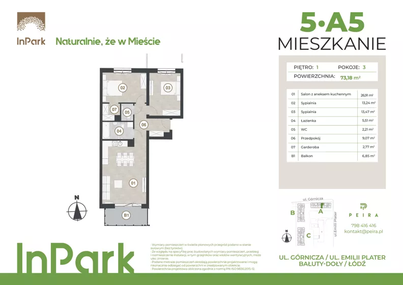 3 pokoje, mieszkanie 73,18 m², piętro 1, oferta nr 5, InPark, Łódź, Bałuty, ul. Górnicza 31