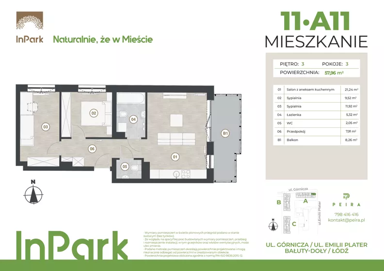 3 pokoje, mieszkanie 57,96 m², piętro 3, oferta nr 11, InPark, Łódź, Bałuty, ul. Górnicza 31