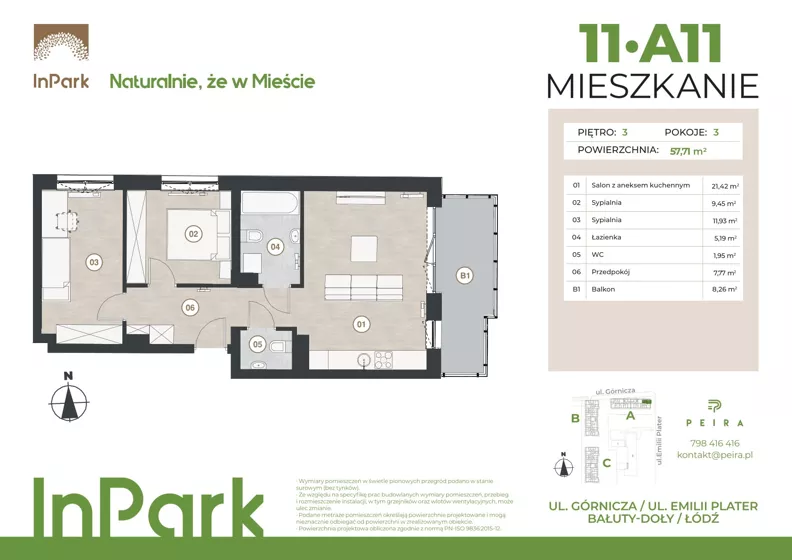 3 pokoje, mieszkanie 57,96 m², piętro 3, oferta nr 11, InPark, Łódź, Bałuty, ul. Górnicza 31