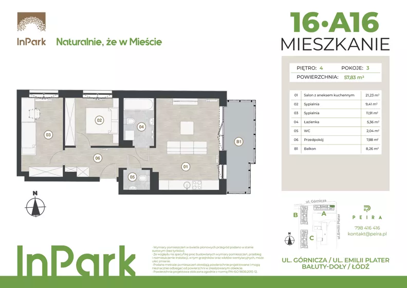 3 pokoje, mieszkanie 57,83 m², piętro 4, oferta nr 16, InPark, Łódź, Bałuty, ul. Górnicza 31