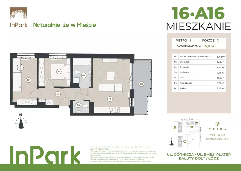 3 pokoje, mieszkanie 57,83 m², piętro 4, oferta nr 16, InPark, Łódź, Bałuty, ul. Górnicza 31